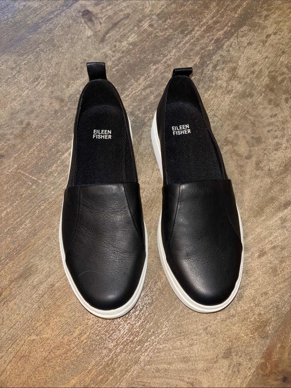 Eileen Fisher Black Leather Slip-On Sneakers with White Soles